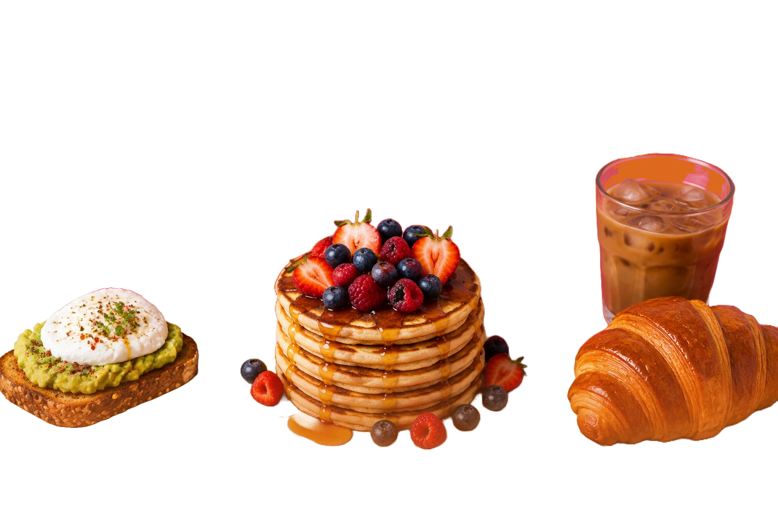 Pancakes généreux, tartine gourmande et café glacé façon brunch.